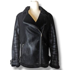 Missguided Aviator Faux Leather Bomber Motorcycle Jacket with Faux Fur: US 6